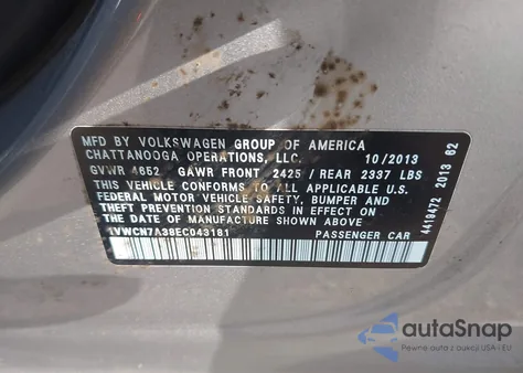 2014 Volkswagen Passat 2.0L Tdi Sel Premium из США, поврежденный, VIN 1VWCN7A38EC043181